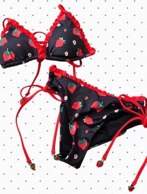 Dolls Kill x Strawberry Shortcake black and red strawberry bikini set